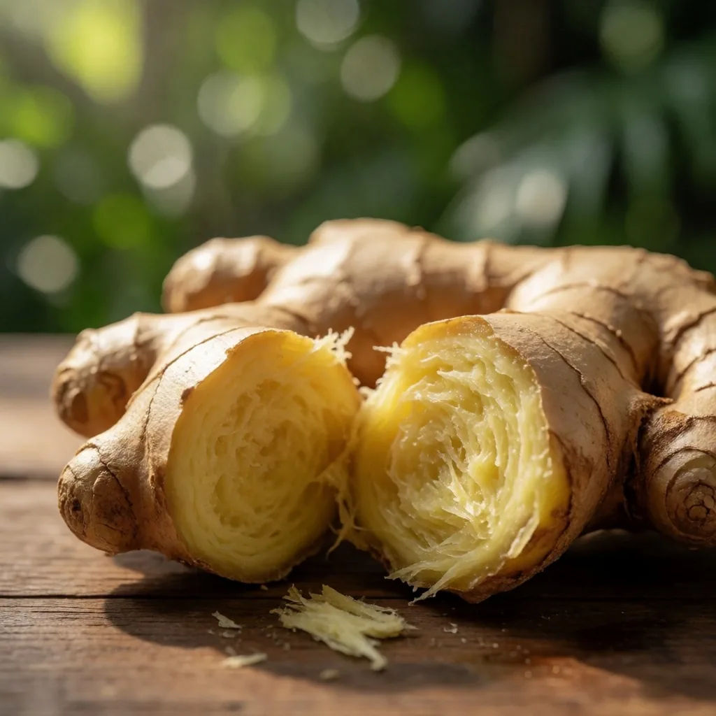 Fresh ginger root on dark wood in warm light