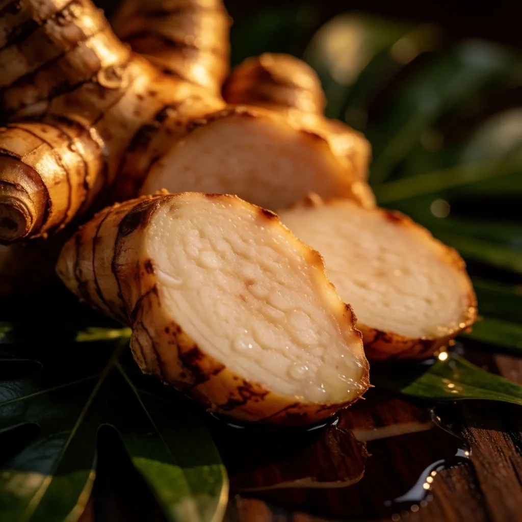 Fresh botanical roots and leaves on dark wood in warm Surabaya light