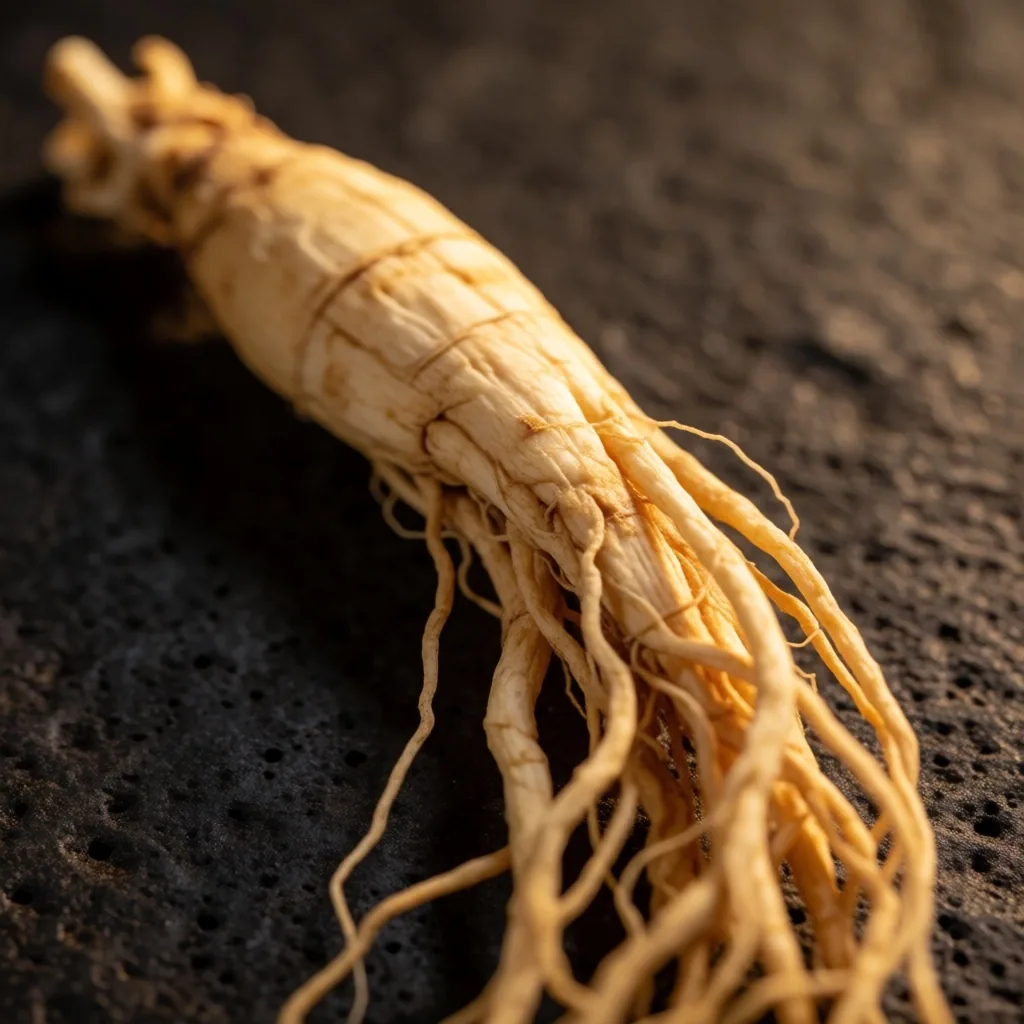 Ginseng root specimen in macro botanical style