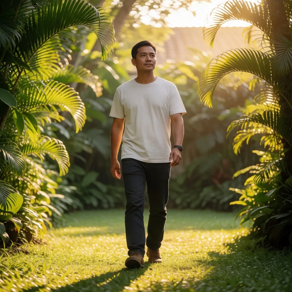 Man walking through a sunlit tropical garden in Surabaya