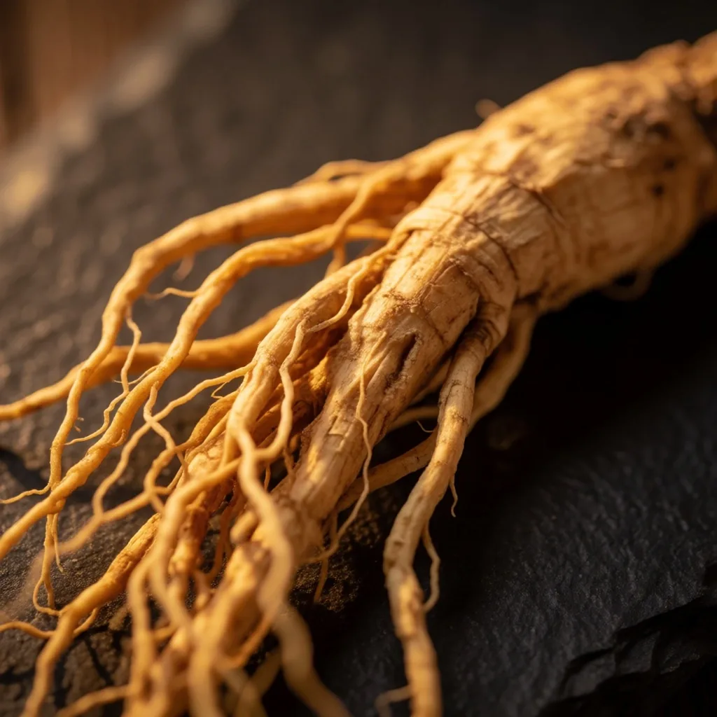 Panax ginseng root specimen on dark surface
