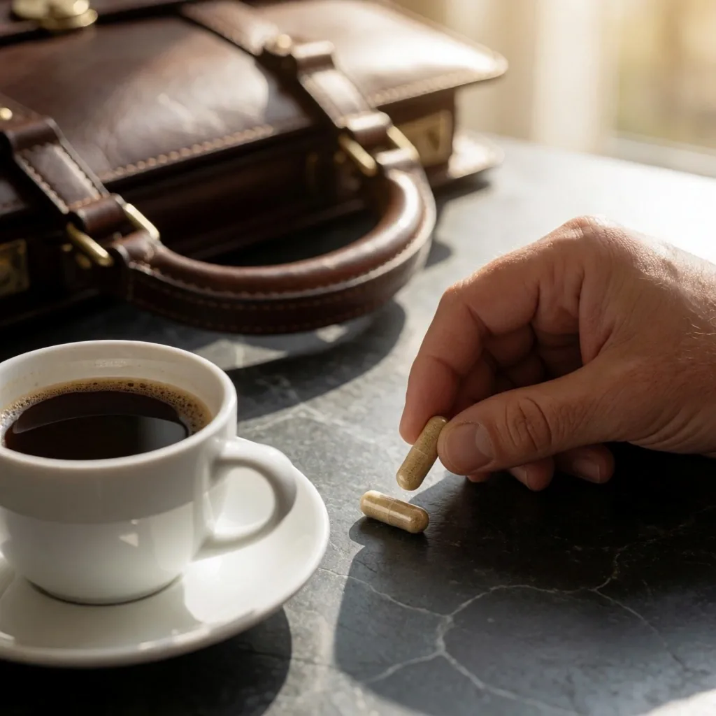 Botanical capsules placed beside a morning coffee