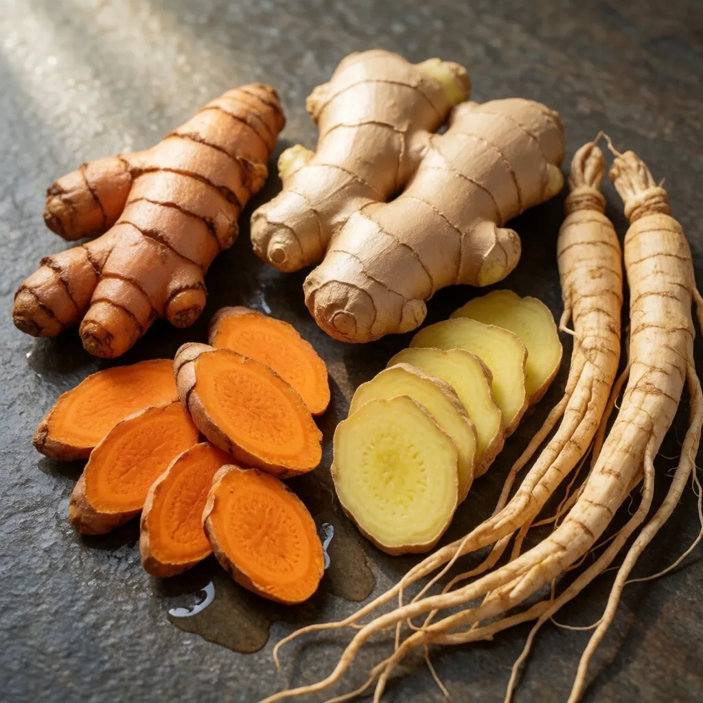 Fresh ginger and ginseng botanical specimen
