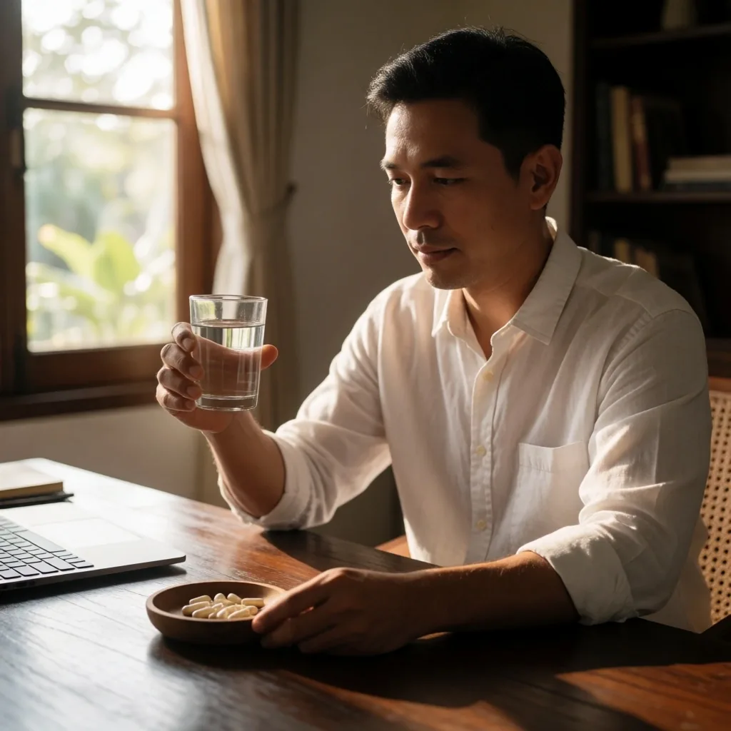 A man taking natural supplements at his desk in warm afternoon light