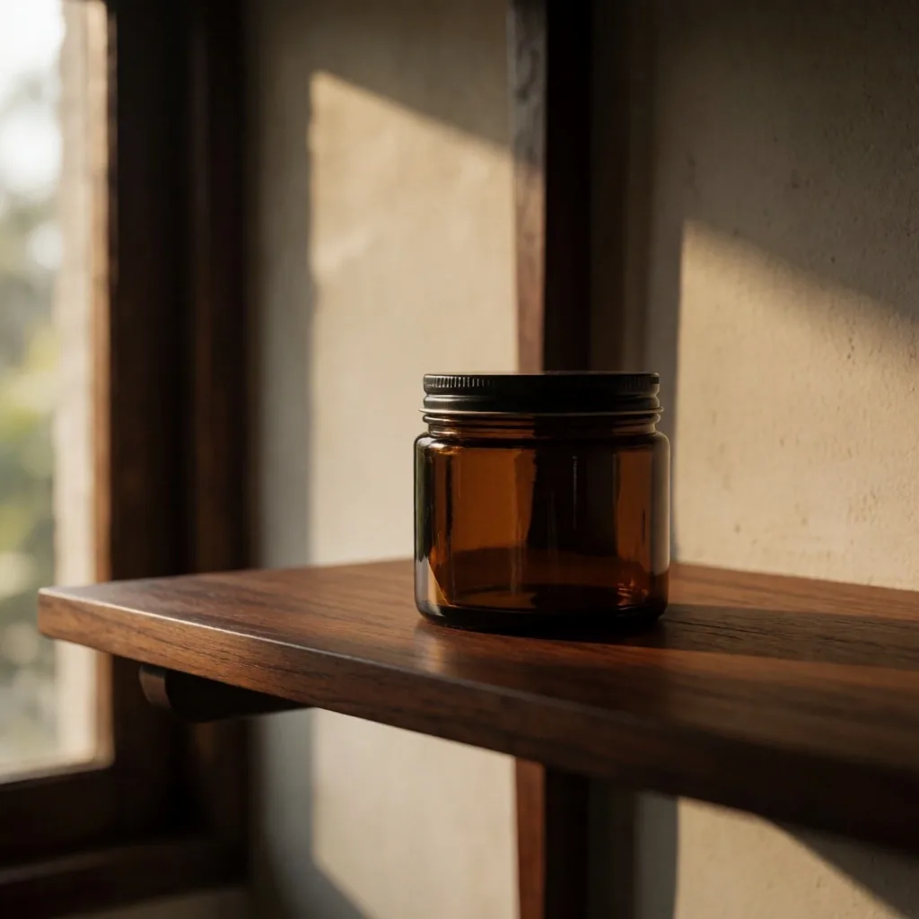 Supplement jar stored on a shelf in cool conditions