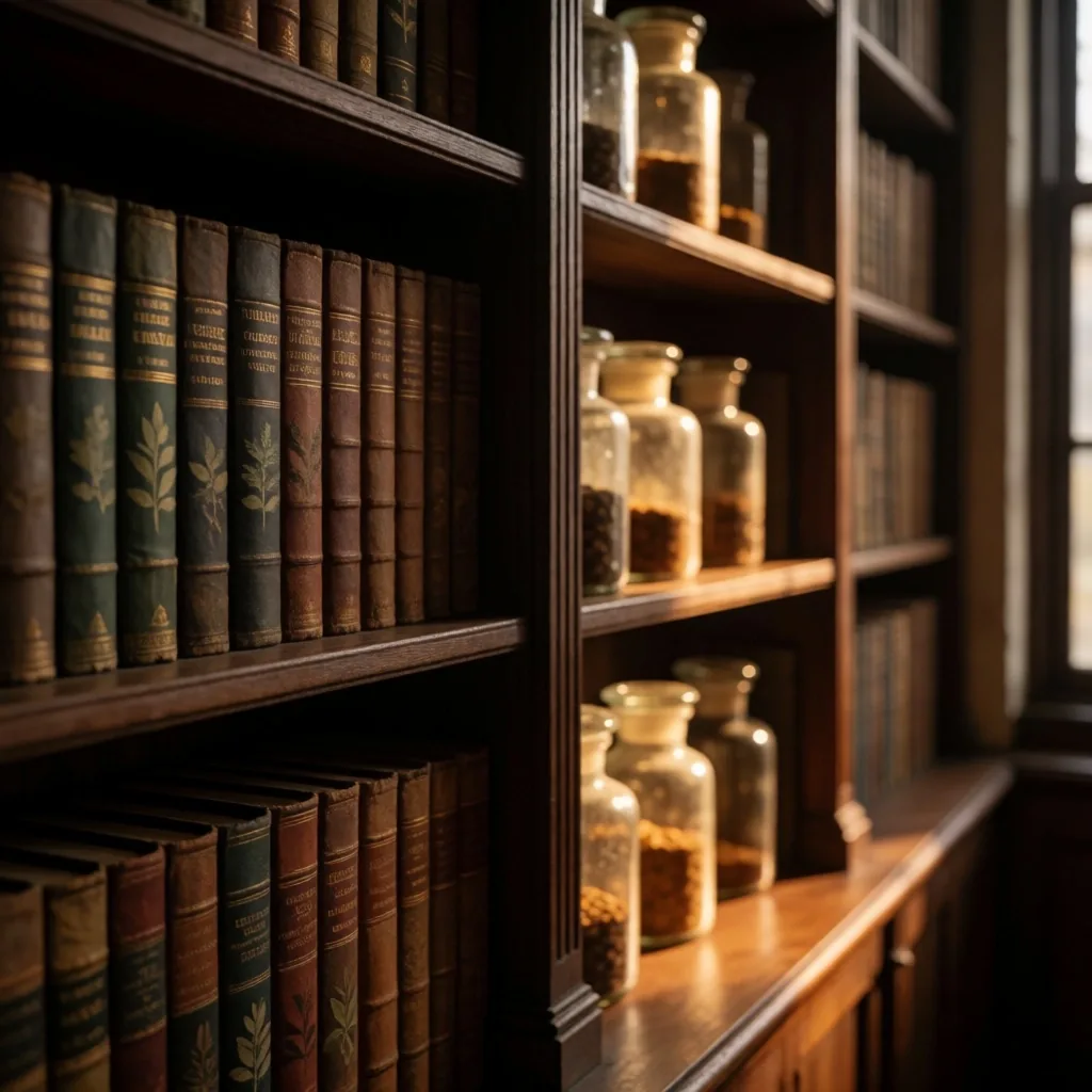 Dark wood library shelves with warm light