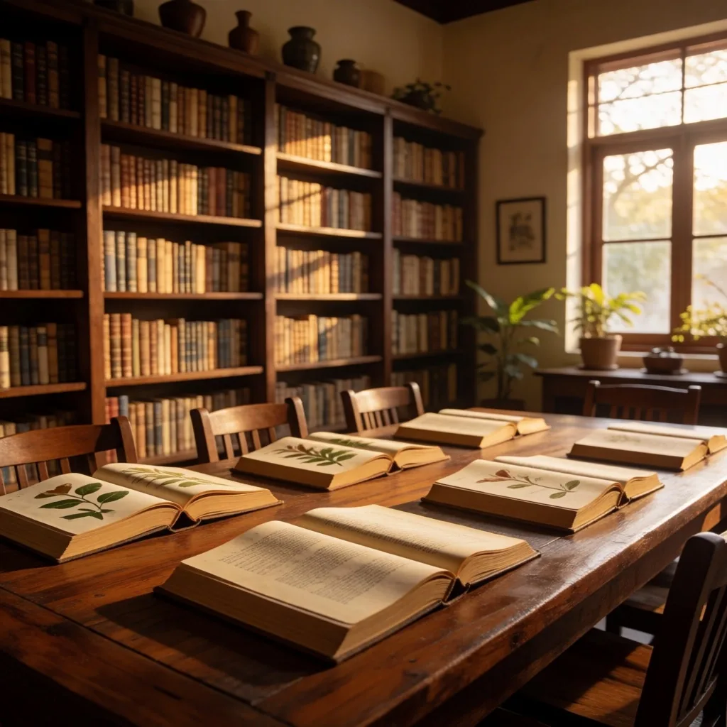Sunlit library interior with botanical books on a wooden table