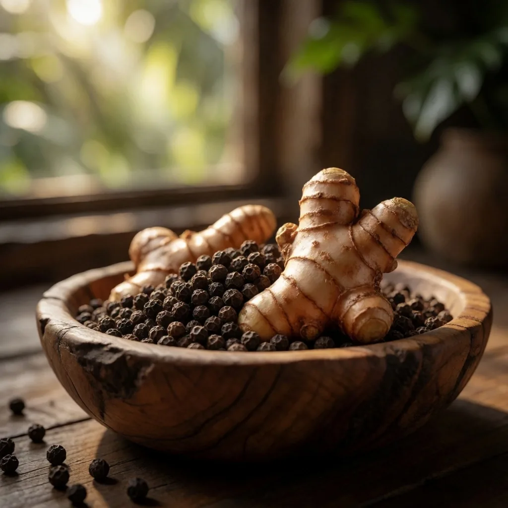 Indonesian botanical roots in warm amber light
