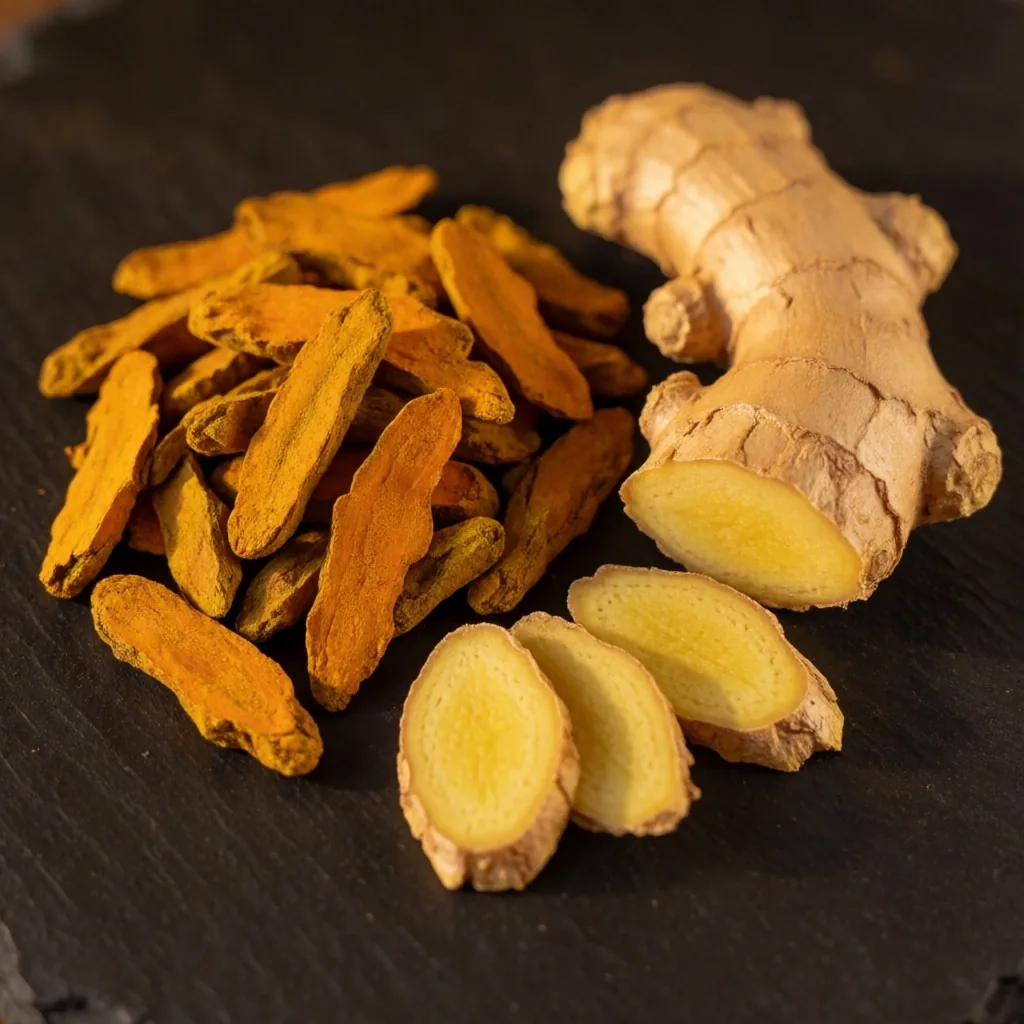 Dried turmeric roots and ginger slices on dark slate