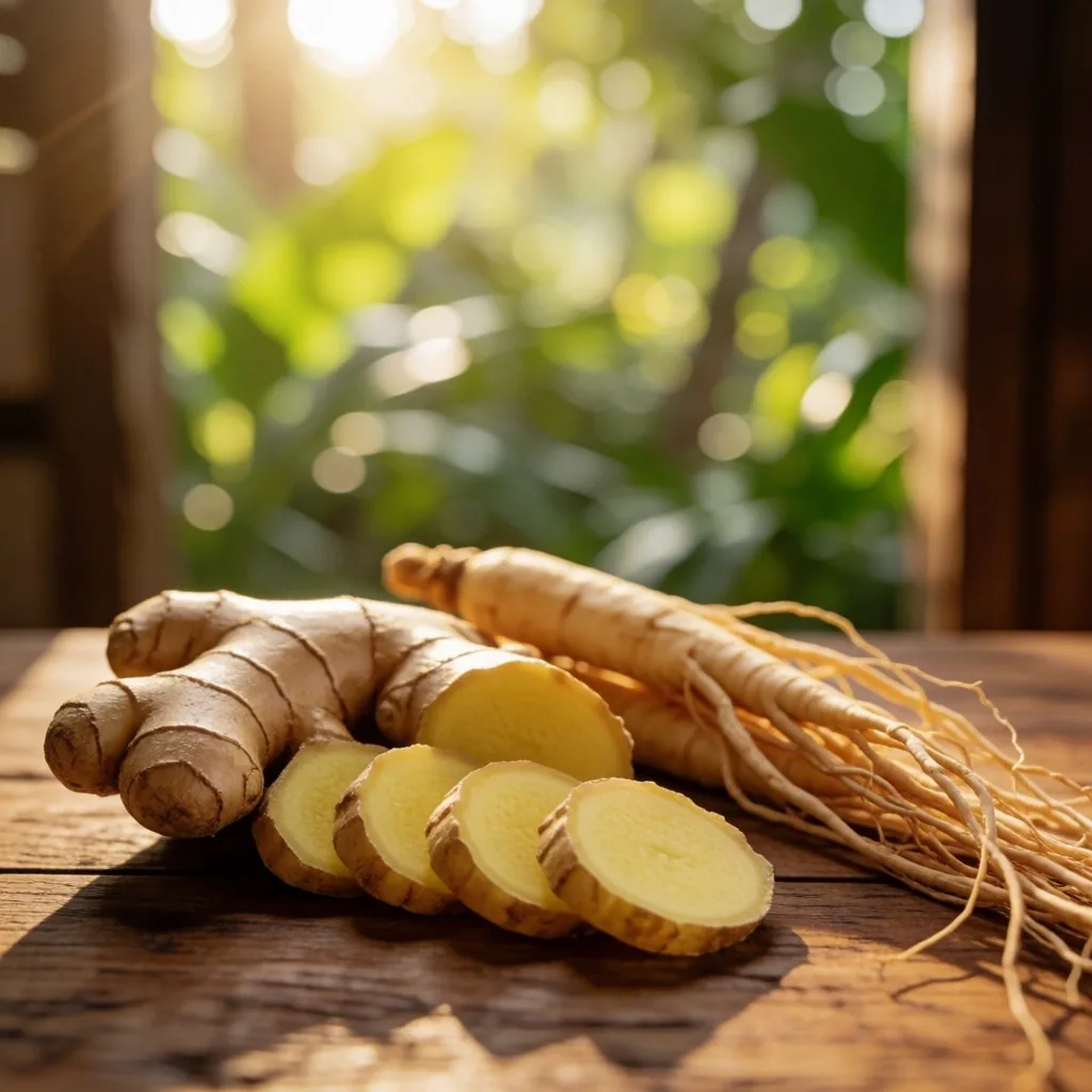 Fresh ginger and ginseng roots arranged on dark wood in warm Surabaya light