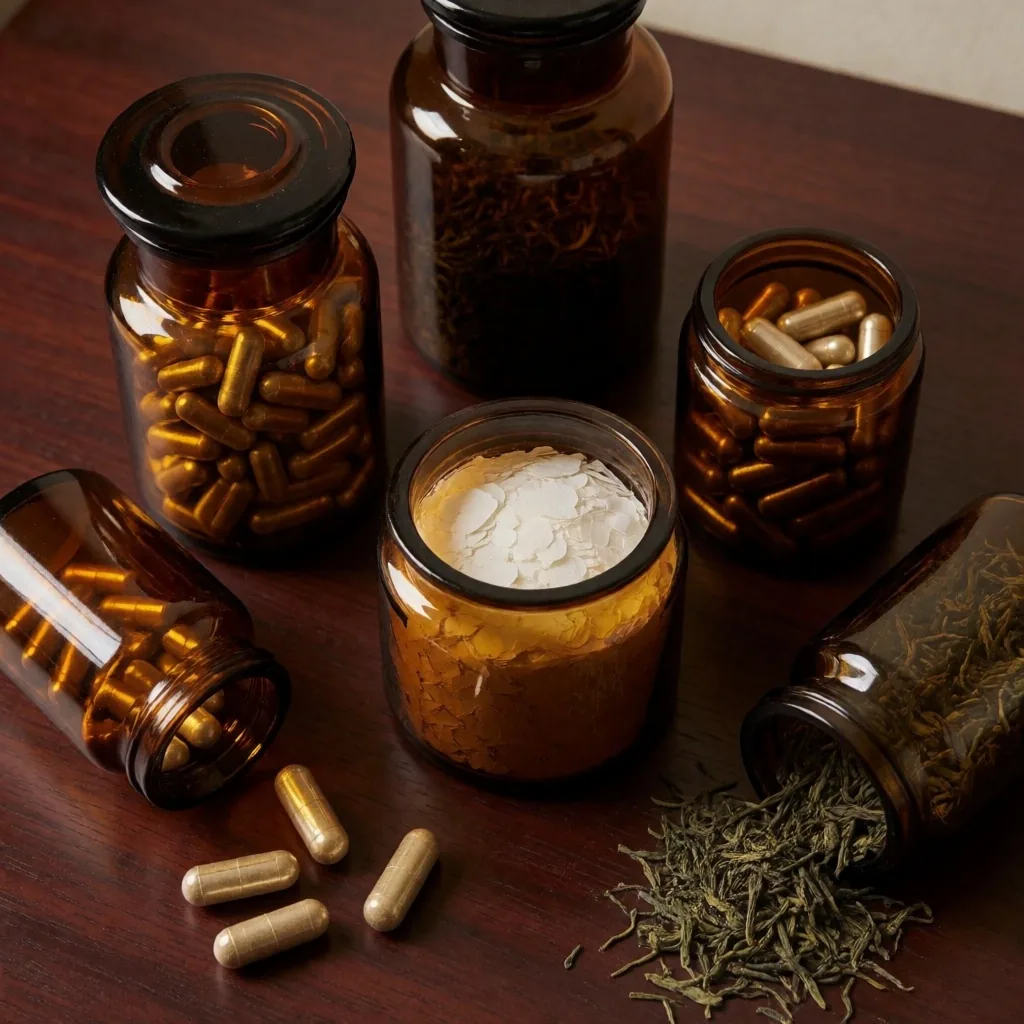 Glass jars with magnesium, zinc, and green tea on dark wood