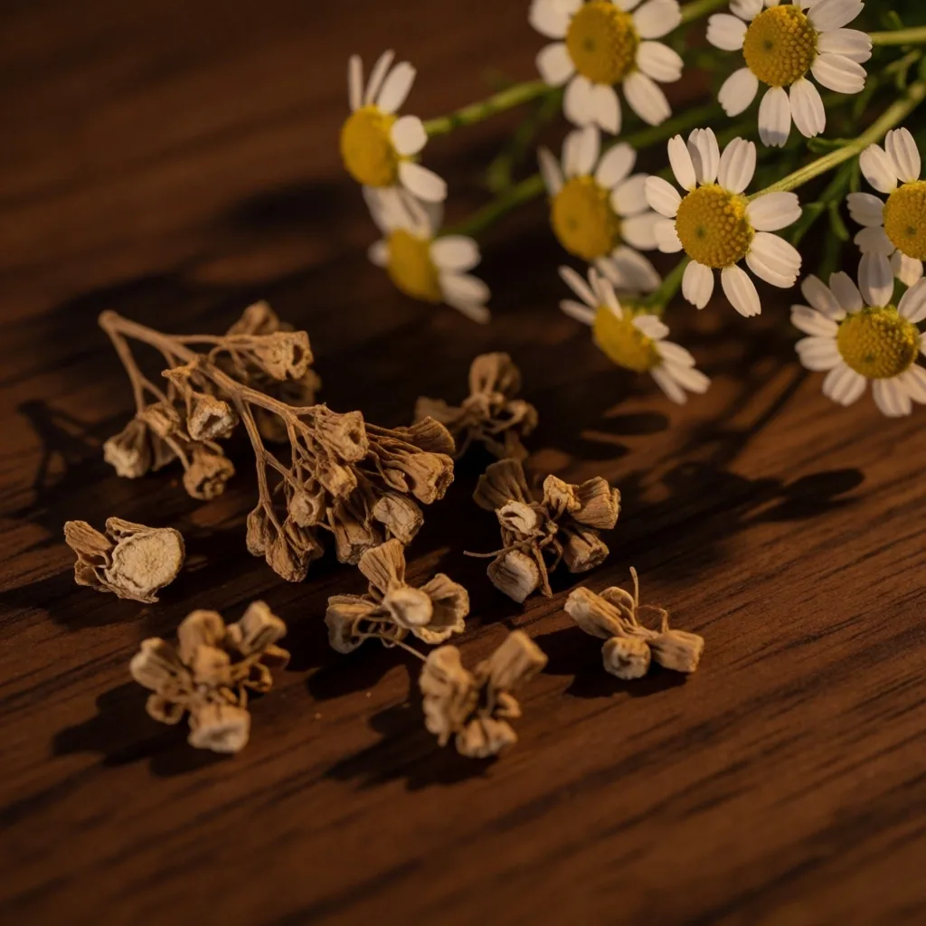 Dried valerian root and chamomile flowers on dark wood under dim warm light