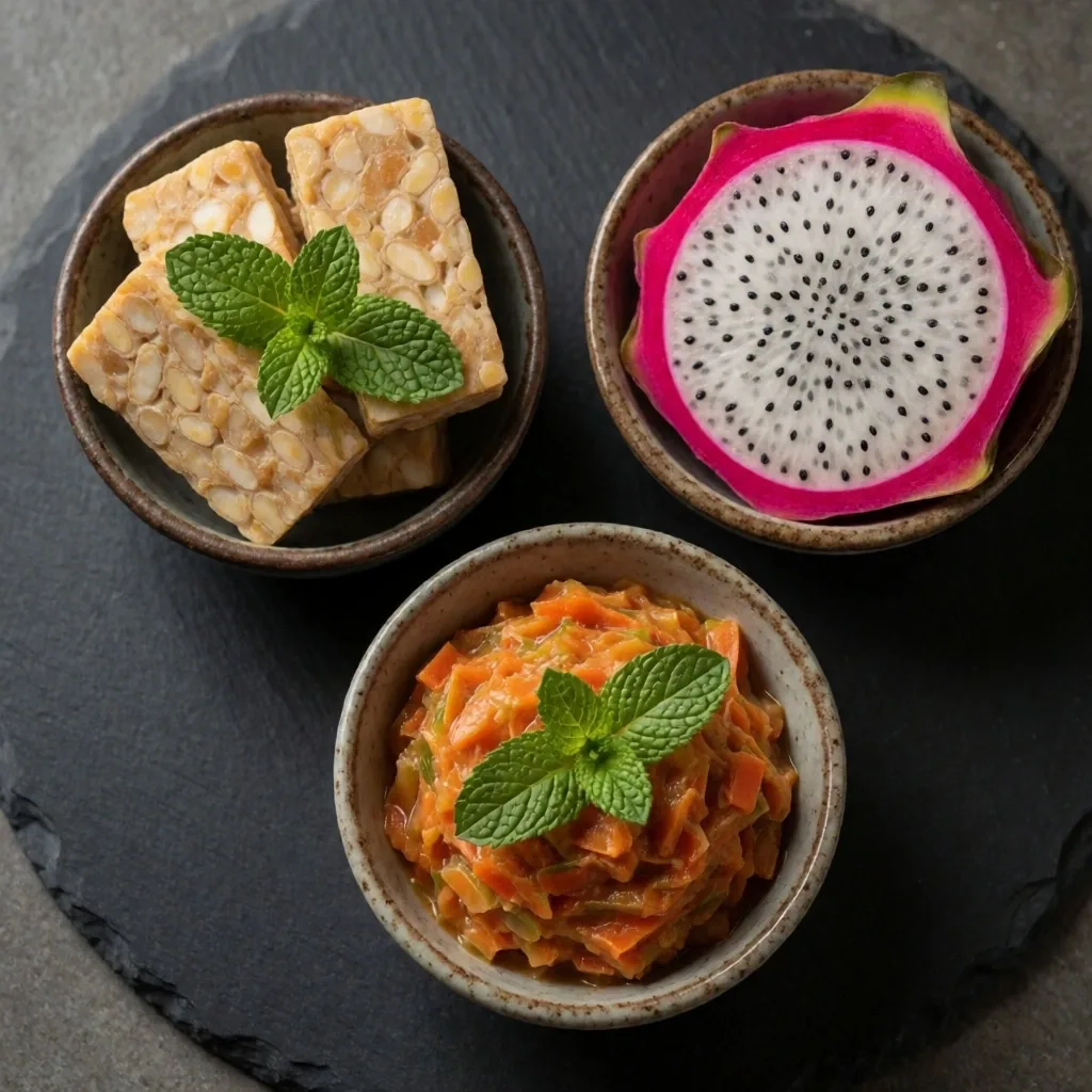 Fermented foods and tropical fruits in small ceramic bowls on dark stone
