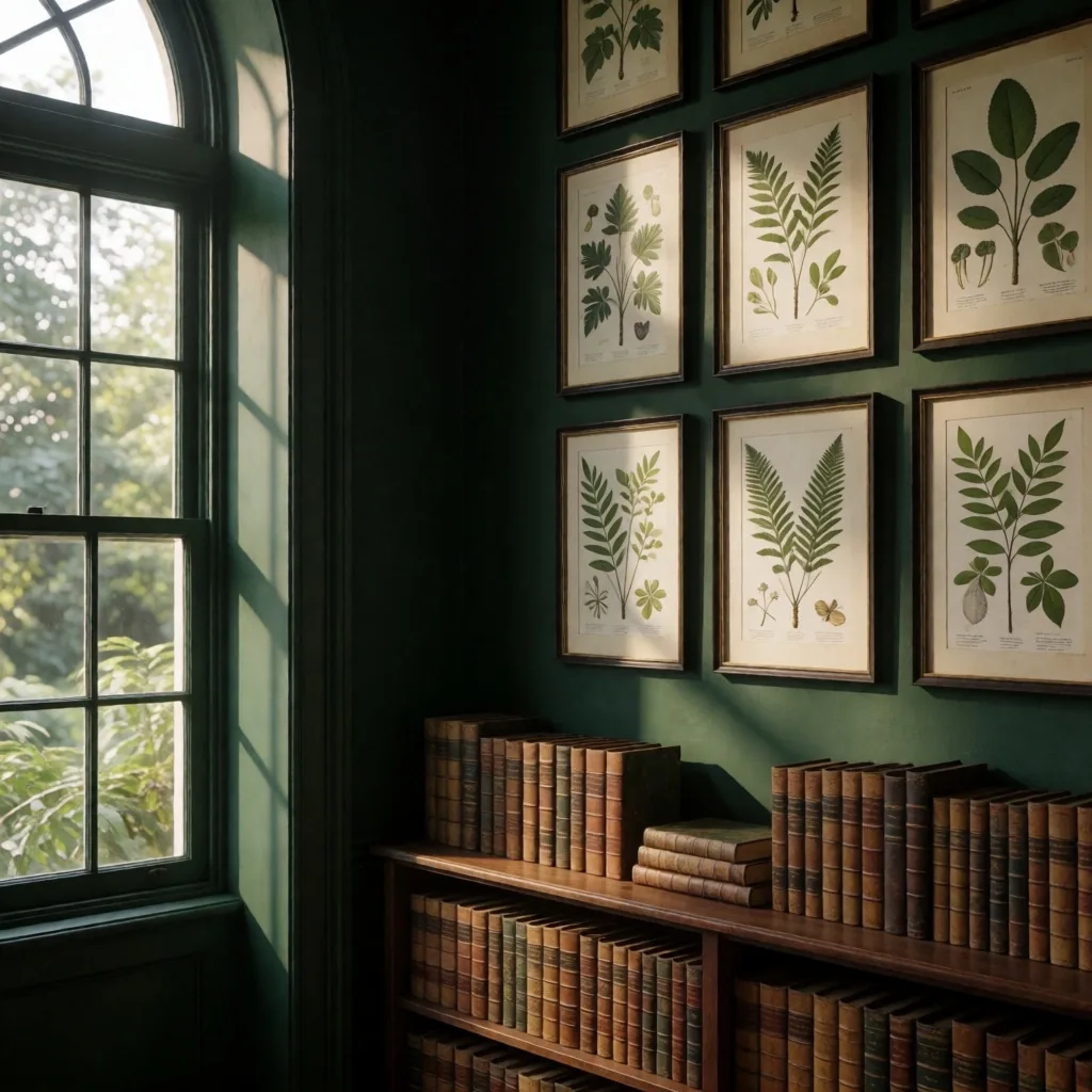 Warm-lit library interior with botanical prints on the wall