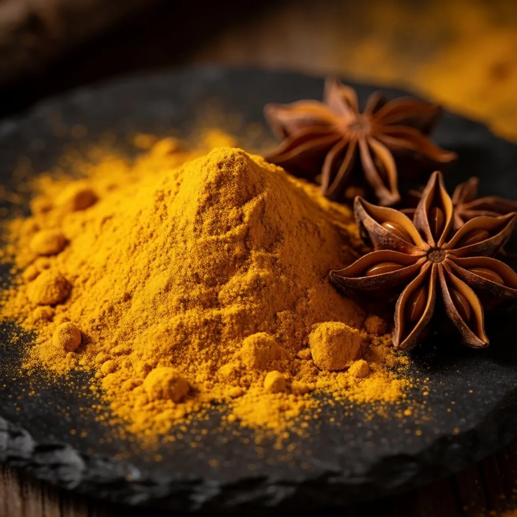 Botanical ingredients arranged on a dark surface, bathed in warm amber light