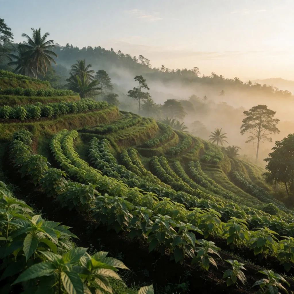 Highland herb farm at dawn with rows of medicinal plants