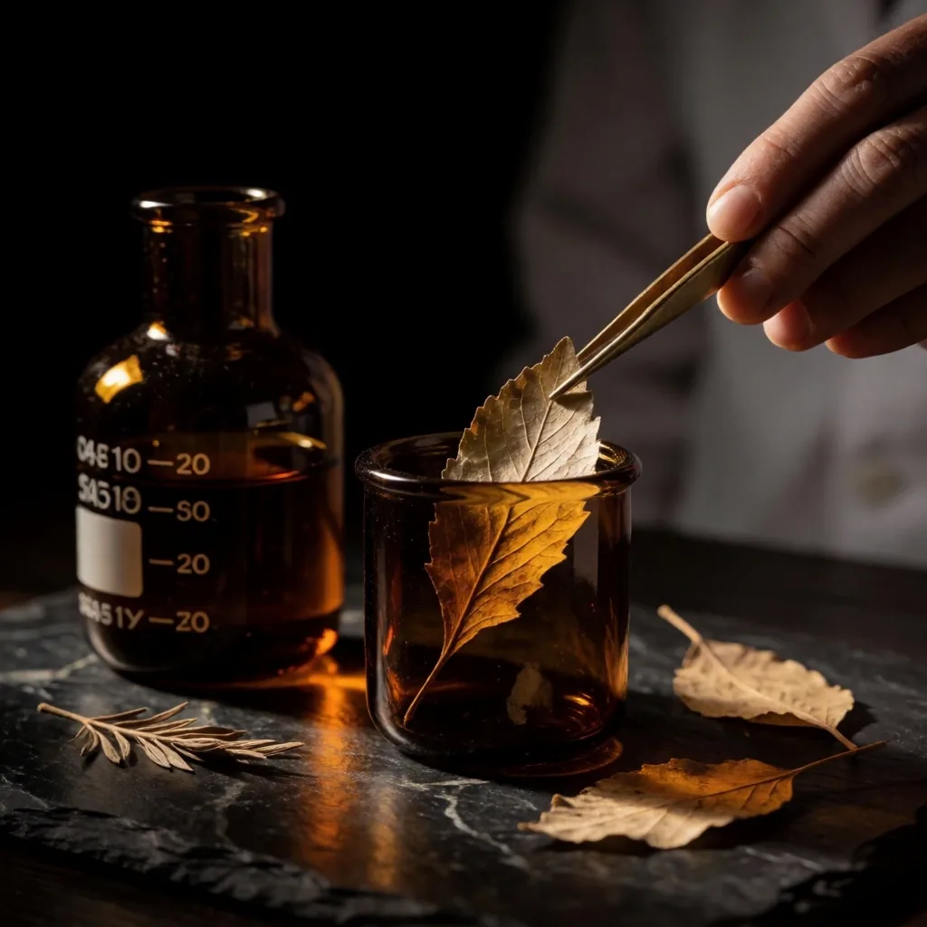 Laboratory glassware with botanical specimens