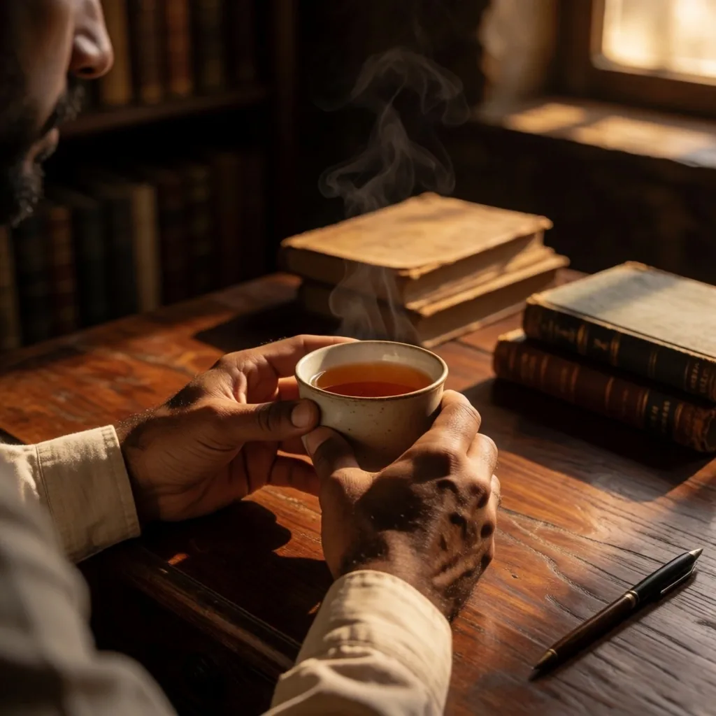 Hands holding tea at a desk