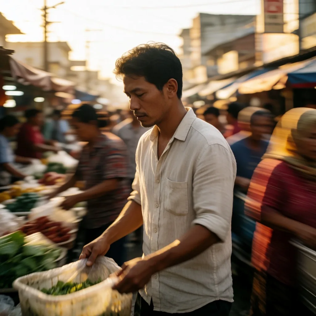 Man walking through morning market