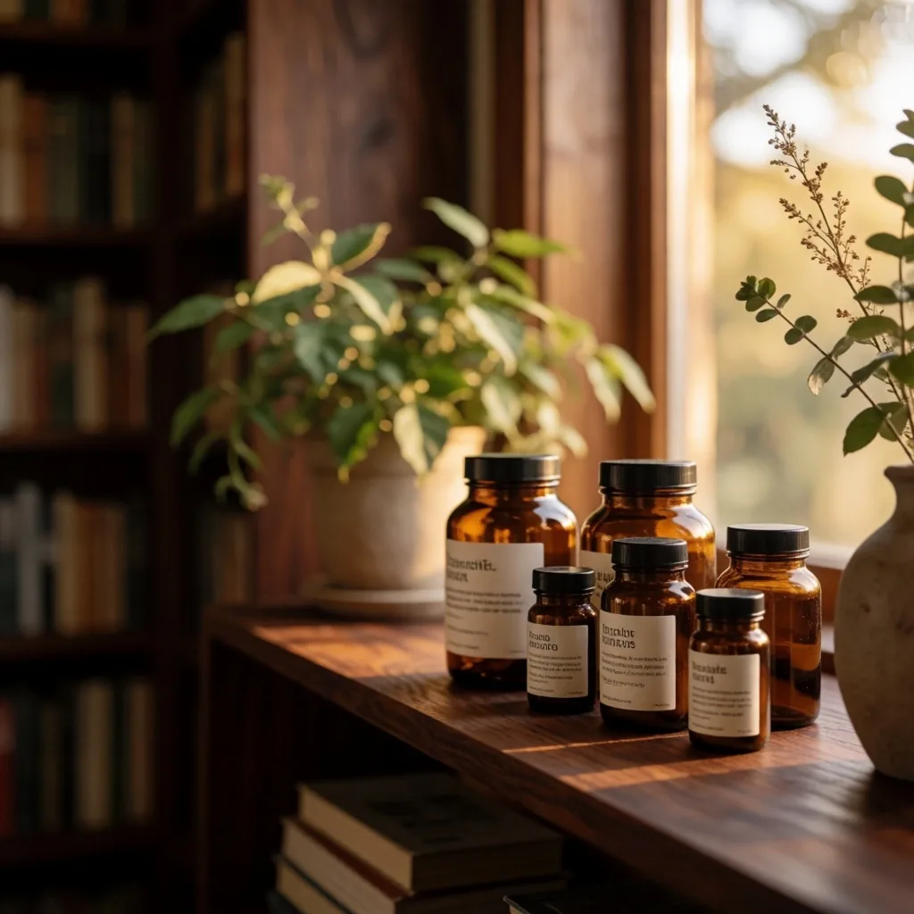 Botanical supplement bottles arranged on a dark wood shelf in warm afternoon light