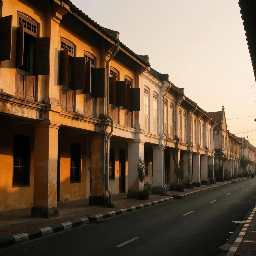Golden hour light on a quiet Surabaya street with colonial-era architecture